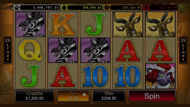 Grundspelet i Mega Moolah med fem hjul, djursymboler och jackpottbeloppen överst