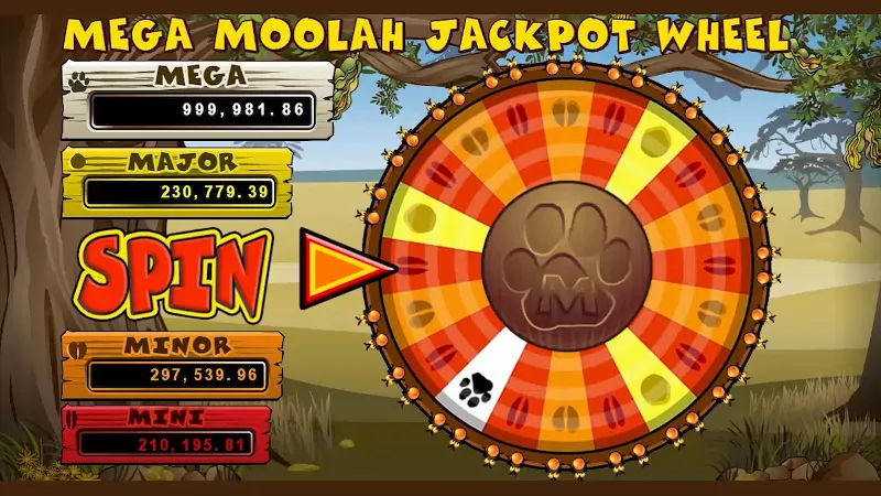 Jackpotthjulet i Mega Moolah med potterna Mega, Major, Minor och Mini till vänster